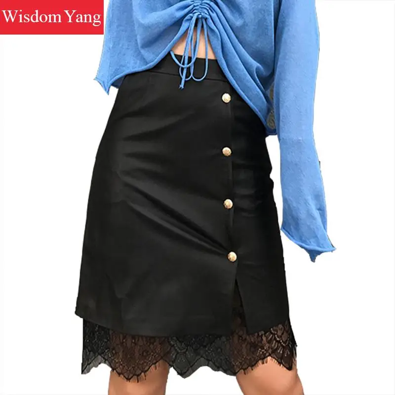 Herfst Zwarte Echte Schapen Huid Echt Leer Kant Rok Hoge Taille Midi Vrouwen 2018 Zakken Kantoor Partij Dames Lange Wrap rokken