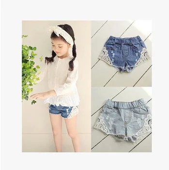 

2020 NEW Summer Fashion Girls Lace Denim Pocket Short Jeans Pants Baby Casual Trousers Kids Shorts Children's Clothing 2-13 yrs