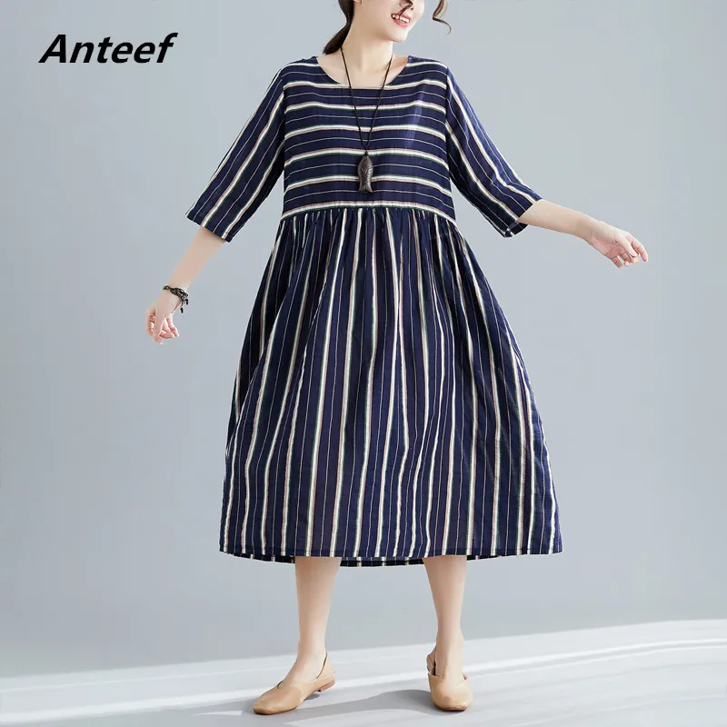 

cotton linen plus size vintage stripe women casual loose long summer elegant sun dress clothes 2019 ladies dresses sundress