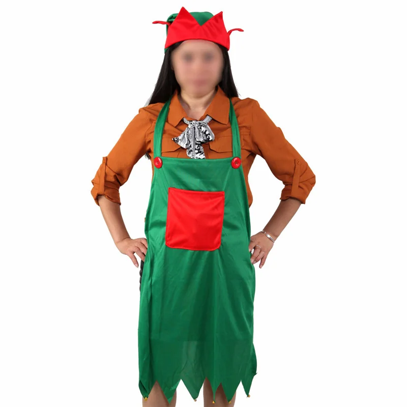

2pcs/set Christmas Decor New Green Knitting Cloth Elven Apron+Elf Hat Xmas Dinner Party Adult Pinafore for Home Kitchen Cooking