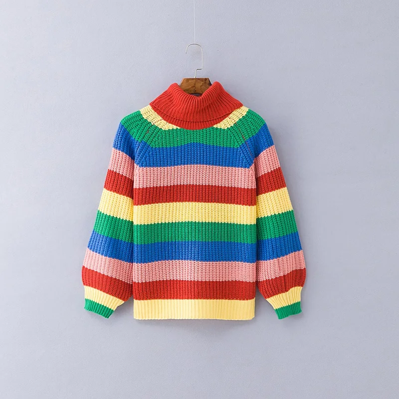

Autumn Wnter Sweaters Women New Rainbow Color Striped Knit Pullover Fashion Loose Sweater