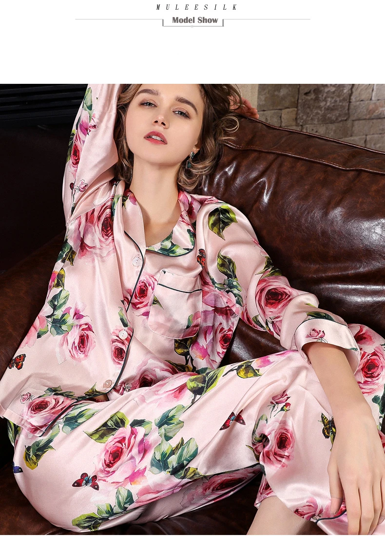 Пижама из натурального шелка, Женская весенне-осенняя Шелковая пижама с длинными рукавами из двух предметов, романтическая розовая