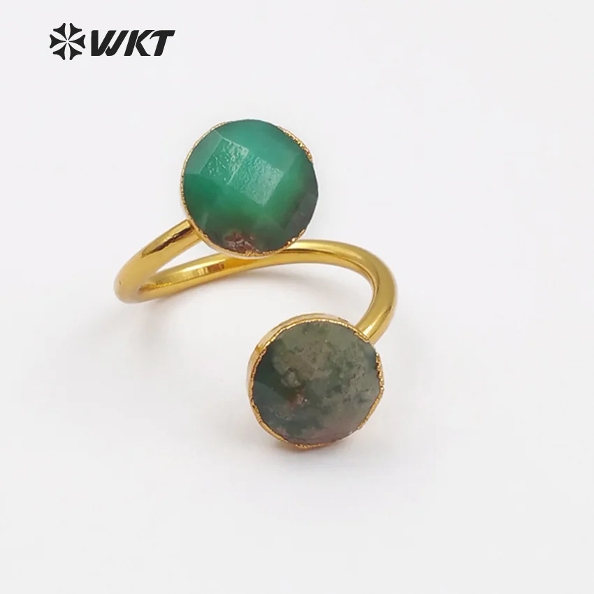 

WT-R318 Золотая отделка Chysoprase, регулируемые кольца, двойной искусственный камень круглой формы для женщин, богемный коктейль, зеленый, граненый ACC