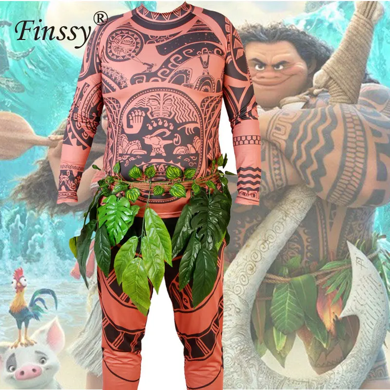 2019 Забавный взрослых Мауи Костюмы для косплея мальчиков пояс татуировки Топ с принтом комплект Хэллоуин, потому комплект Аниме Моана Cos