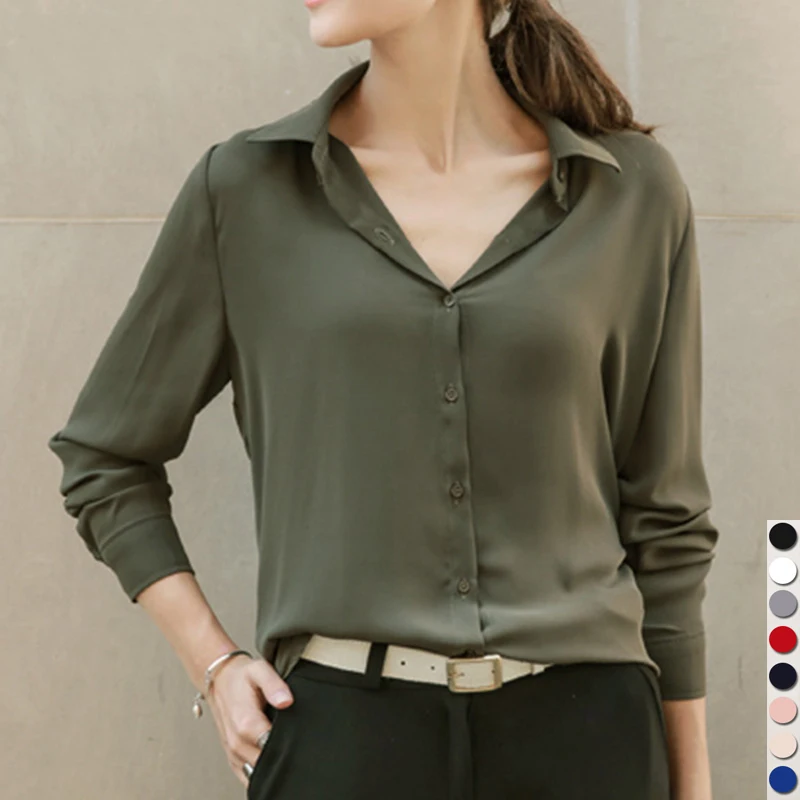 Miglior 2019 Donne Calde di Vendita Camicette Camicette A Maniche Lunghe Turn Imbottiture Solido Collare Delle Signore Camicetta di Chiffon Magliette e camicette OL Ufficio Stile chemise Femme