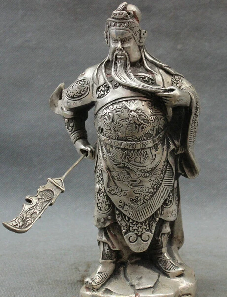 

10" Chinese Silver Dragon Head Loyalism Warrior GuanGong Guan Yu God Statue metal handicraft