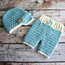 Ручная работа, вязание крючком,, шапка для маленького мальчика небесно-голубого цвета с подходящими штанами комплекты для малышей реквизит для фотосъемки из хлопка