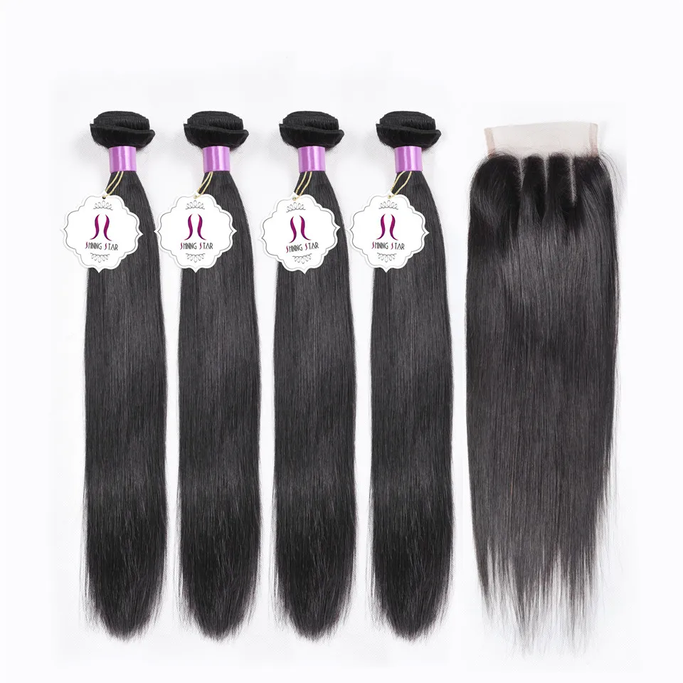 8A Peruvian Virgin Hair with Closure 4 Bundles Straight Hair with Closure Shining Star Straight Weaves Human Hair with Closure