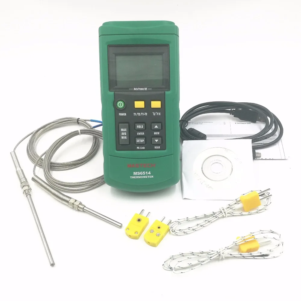 10 шт./лот MASTECH MS6514 двухканальный цифровой термометр + шт. 50 мм и 100 K Типа Зонд