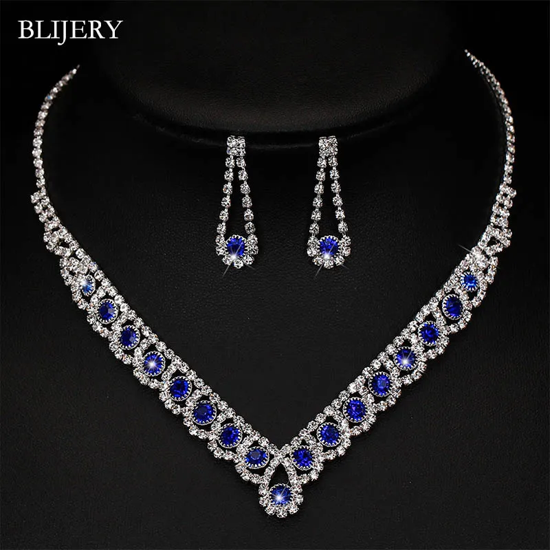 

BLIJERY Charm Royal Blue Crystal Bridal Jewelry Sets Rhinestone Statement Choker Necklace Earrings Women Wedding Jewelry Sets