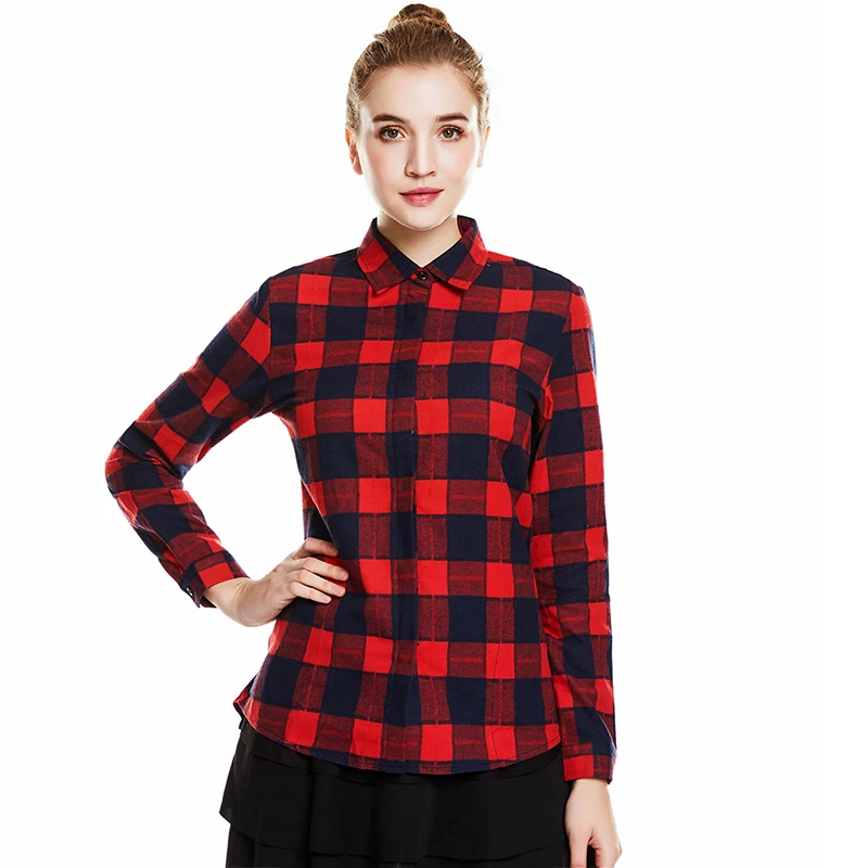 

NXH black red plaid long sleeve shirt women cotton plus size blouse OL tops