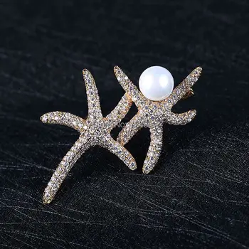 

Mixed Gold/ Silver Plated Brass Micro Inlay Rhinestone Double Starfish Freshwater Pearl Beads Back Pins Party Brooches Bulk