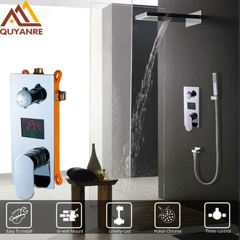 

Quyanre Concealed Digital Display Shower Faucets Set 3-Function Mixer Tap Faucet Rain Waterfall Shower Head Bathroom Shower Set