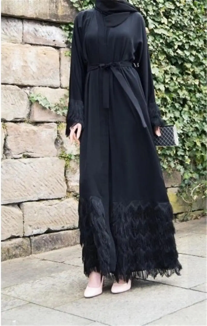 Мусульманское Абаи блестками Пояса платье перо сетчатый кардиган Туника кимоно длинный халат Jubah Ближний Восток Рамадан Арабский