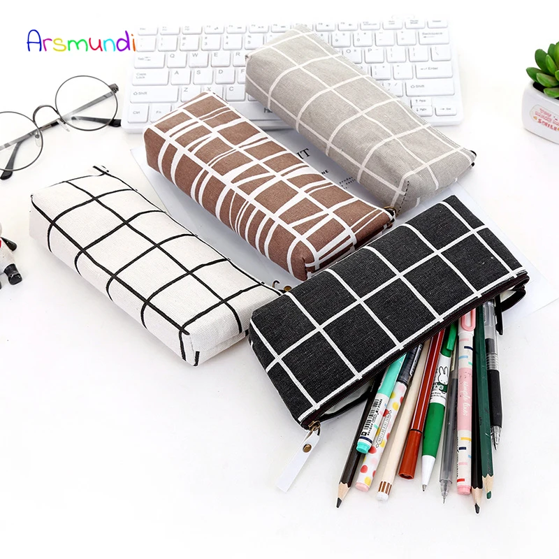 

Canvas Pencil Case school Pencil Bag Simple Striped grid pencilcase Office Supplies Pen bag Students Pencils Writing Stationery