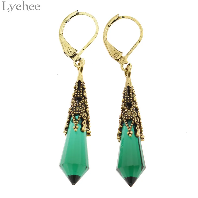 Lychee 1 Pair Retro Bohemia Green Crystal Dangle Earrings Rhinestone
