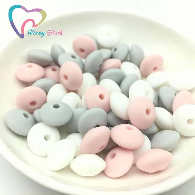 

Teeny Teeth 50 PCS Soft Pink Combo Silicone Lentil Beads Baby Chewable Non Toxic BPA Free Abacus Silicone Teething Loose Beads