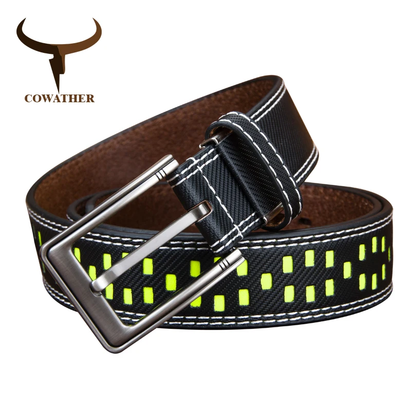 

COWATHER cow genuine leather belts for men 2019 new designer high quality Fluorescence 130cm pin buckle male strap drop shipping