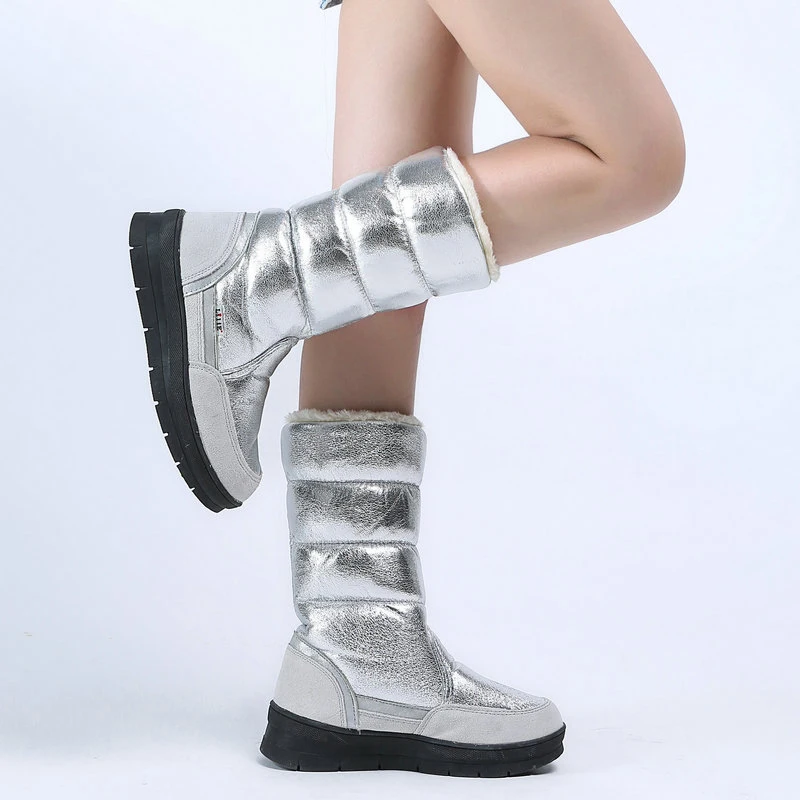 

High Boots women winter shoes female style silver fashion colour full big size warm plush antiskid flat outsole Straight upper