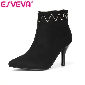 

ESVEVA 2020 Women Shoes Winter Ankle Boots Fashion Thin High Heel Flock Pointed Toe Motorcycle Platform Boots Size 34-43