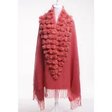 Free shipping new female scarf shawl pashmina thick winter natural rabbit fur pompom ball cape female muffler christmas gift