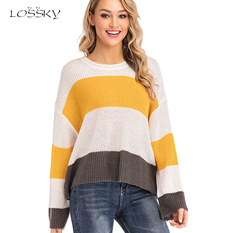 

Lossky Women Long Sleeve Auntumn Spring Casual Stitching Sweater Large Size Elegant Lady Yellow Wild Pullover Sweater Streetwear