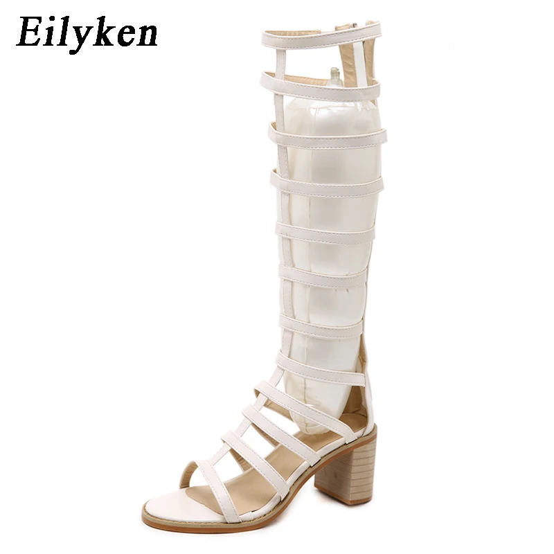 Eilyken сандалии-гладиаторы в римском стиле на квадратном каблуке; модель года; женские сандалии до колена; botas femininas; женская обувь; летние ботильоны на полой подошве - Цвет: Apricot