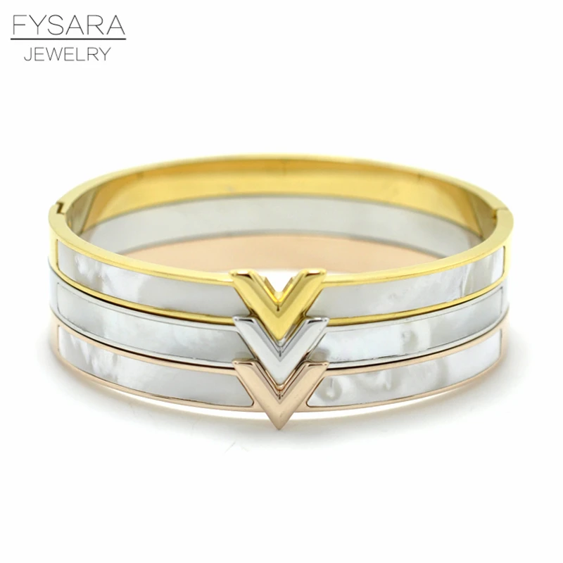 

FYSARA Luxury Letter V Bangle Natural Shell Pulseira Fashion Jewelry Gold-Color Arm Cuff Bracelet For Women Bijoux Jewelry Gift