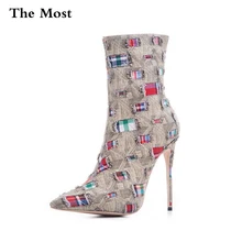 ARQA/женские ботинки; Модные ботильоны из джинсовой ткани в клетку на каблуке в стиле панк; Повседневные Вечерние ботинки; большие Size33-48; сезон осень-зима