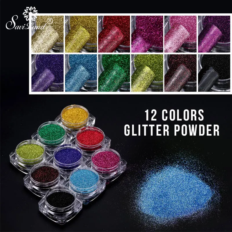 

Saviland Nail Glitters 12 Assorted Colors Nail Art Fine Glitters Powder Dust UV Gel Polish Acrylic Nail Tips Makeup Tools