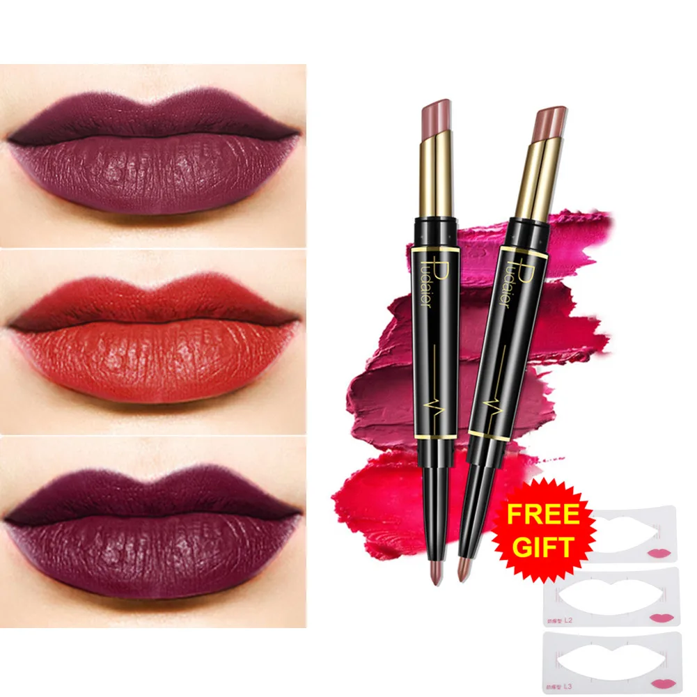 

1pc 2 In 1 Dual Heads Matte Lip Liner with Free Lip Cards Lip Makeup Waterproof Lasting Pigments Lipstick Lip Liner Pencil TSLM2
