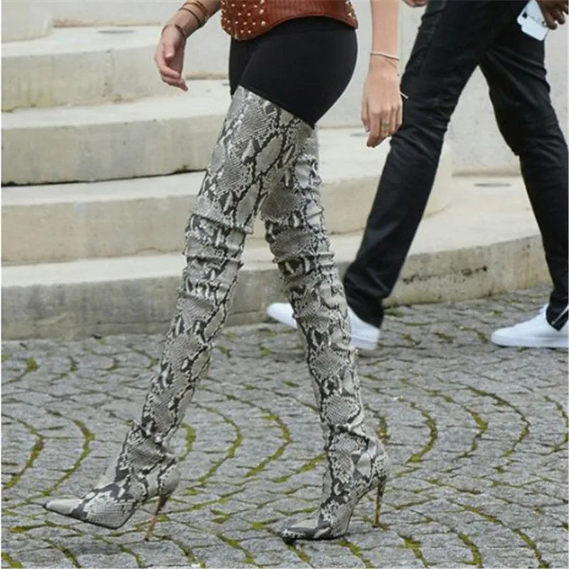 

New Snakeskin Thigh High Heeled Boota Pointed Toe High Heels Women Shoes Python Snake Prints Nightclub Party Over The Knee Boots