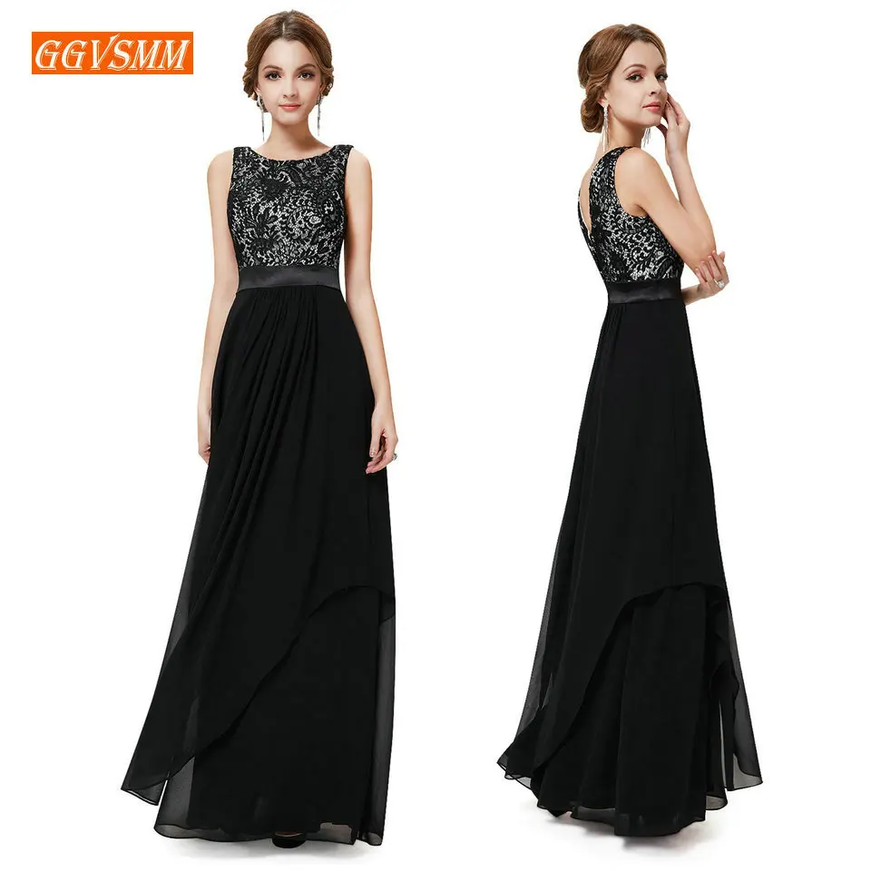 

Sexy Black Party Long Evening Dresses 2019 Evening Gowns Women Real Photos Scoop Chiffon Lace Zipper A-Line Formal Dress Prom