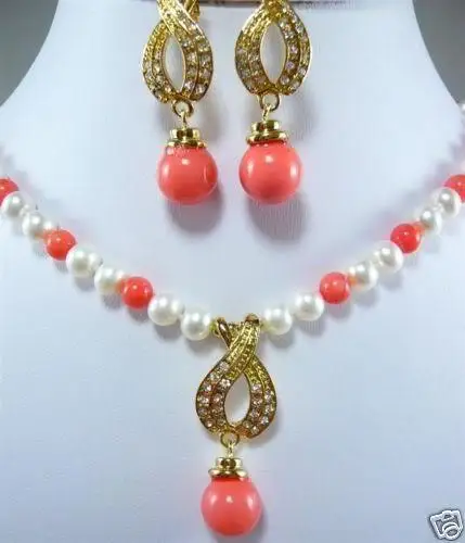 

free shipping 12687 7-8MM White Akoya Cultured Pearl /Pink Coral Necklace Earring Set AAA (A0423)
