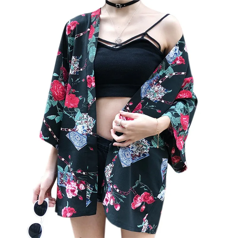 Летний солнцезащитный шифоновый кимоно кардиган женский цветочный шифоновый пляжный кардиган Camisa - Цвет: Черный