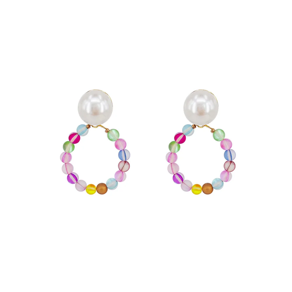 

925 Silver Needle Fashion Color Crystal Eardrop Round Pearl Metal Tray Earring Multicolor Beaded Circle Drop Earrings for Women