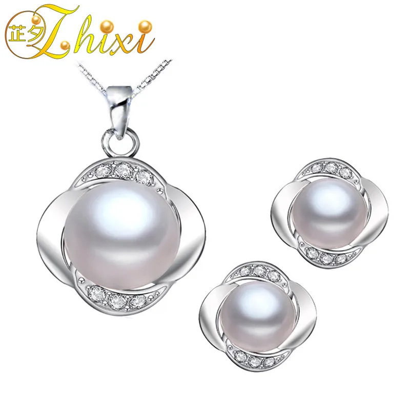 

ZHIXI Pearl Jewelry Set 9-10MM Natural Pearl Necklace Pendant Earrings Fine Wedding Jewelry Set For Women With Gift BoxT02
