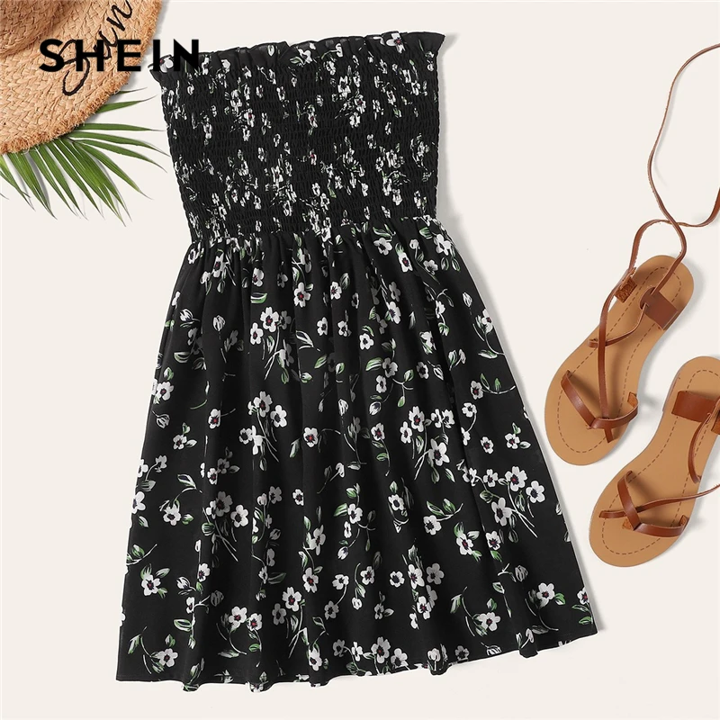 

SHEIN Black or Red Ditsy Floral Frill Trim Shirred Bodice Tube Summer Boho Dress Women Strapless High Waist Elegant Mini Dresses