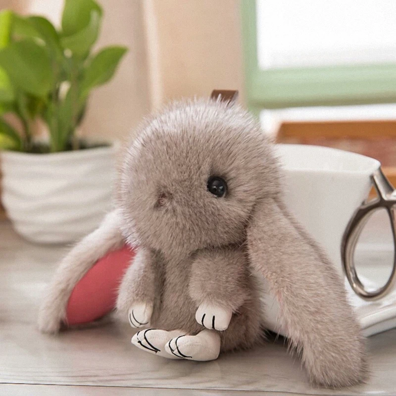 

15CM 100% Real Mink Fur Cute Bunny Rabbit Keychain Pendant Bag Car Charm Cell Phone Key Rings Fluffy Doll Keychain Fo-K058-grey
