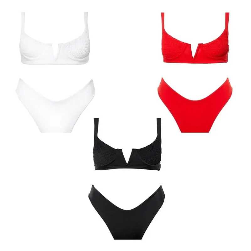 

Women Sexy Two Piece Bikini Set Cut Out Front V-Neck Pleated Ruched Stripes Bra Low Waist Thong Solid Color Swimsuit Beachwear 4