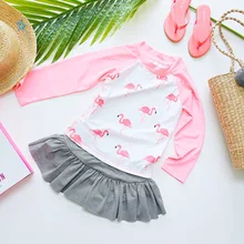 Комплект из 2 предметов, летний детский купальник для девочек, детская Солнцезащитная юбка с длинными рукавами, Раздельный купальник с фламинго