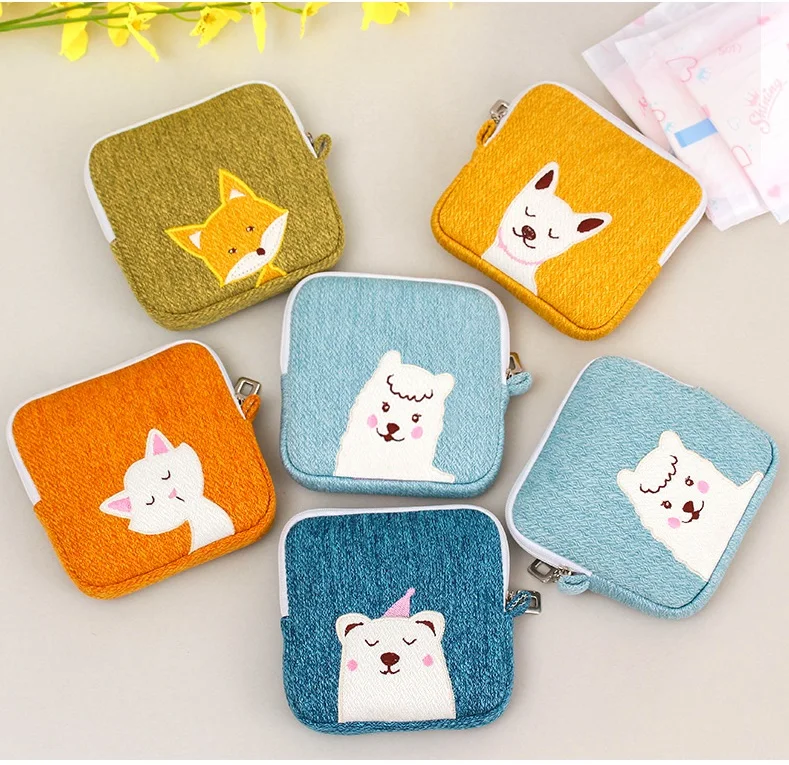 Sanitary napkin bag  large capacity portable sanitary towel storage bag cute cotton bag  double side embroidery  multi-purpose e