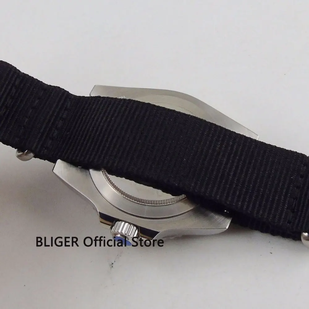 BLIGER 40 мм черный циферблат сапфировое стекло автоматические мужские часы времени керамический вращающийся ободок Дата светящиеся стрелки нейлоновый ремешок