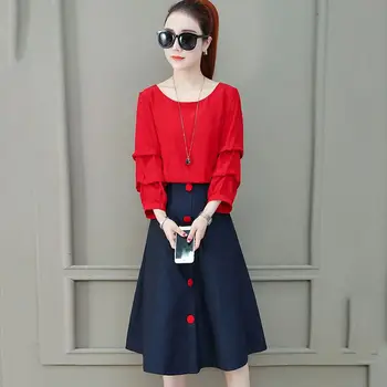 

2019 Women New Spring Autumn Solid Back Bow Tie Sweet Shirt+ Elegant A Line Button Skirt Set Lady Korean Party Casual Suit Z104