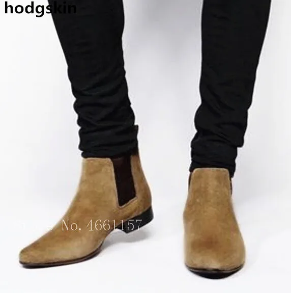 

Top Quality Cow Suede Chelsea Men Boots Ankle Botines Flats High Top Slip On Elastic Band Leisure Men Shoes Zapatos De Mujer 46