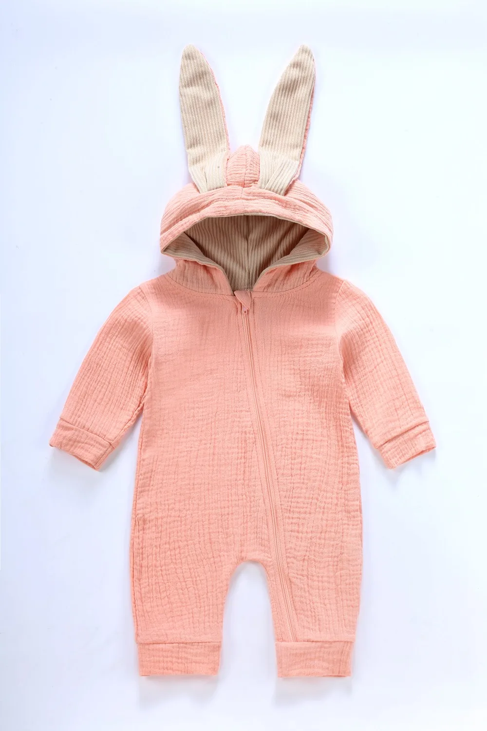 Одежда для новорожденных мальчиков и девочек; комбинезоны с кроликом; теплые пижамы с длинными рукавами в стиле кролика; Комбинезоны на молнии с капюшоном для малышей