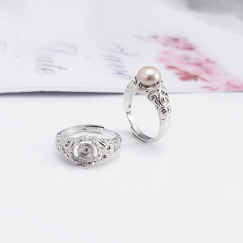 

Sterling silver Retro Style hollow freshwater pearl ring woman adjustable pearl ring mounts fit 6-8mm bead fashion jewelry