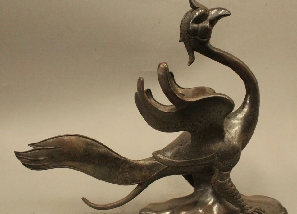 

11" Chinese Fly Bronze Fengshui Phoenix phenix Bird fung-hwang Statue Sculpture