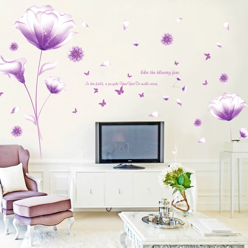 fantasy purple pink flower wall stickers living room sofa marriage room