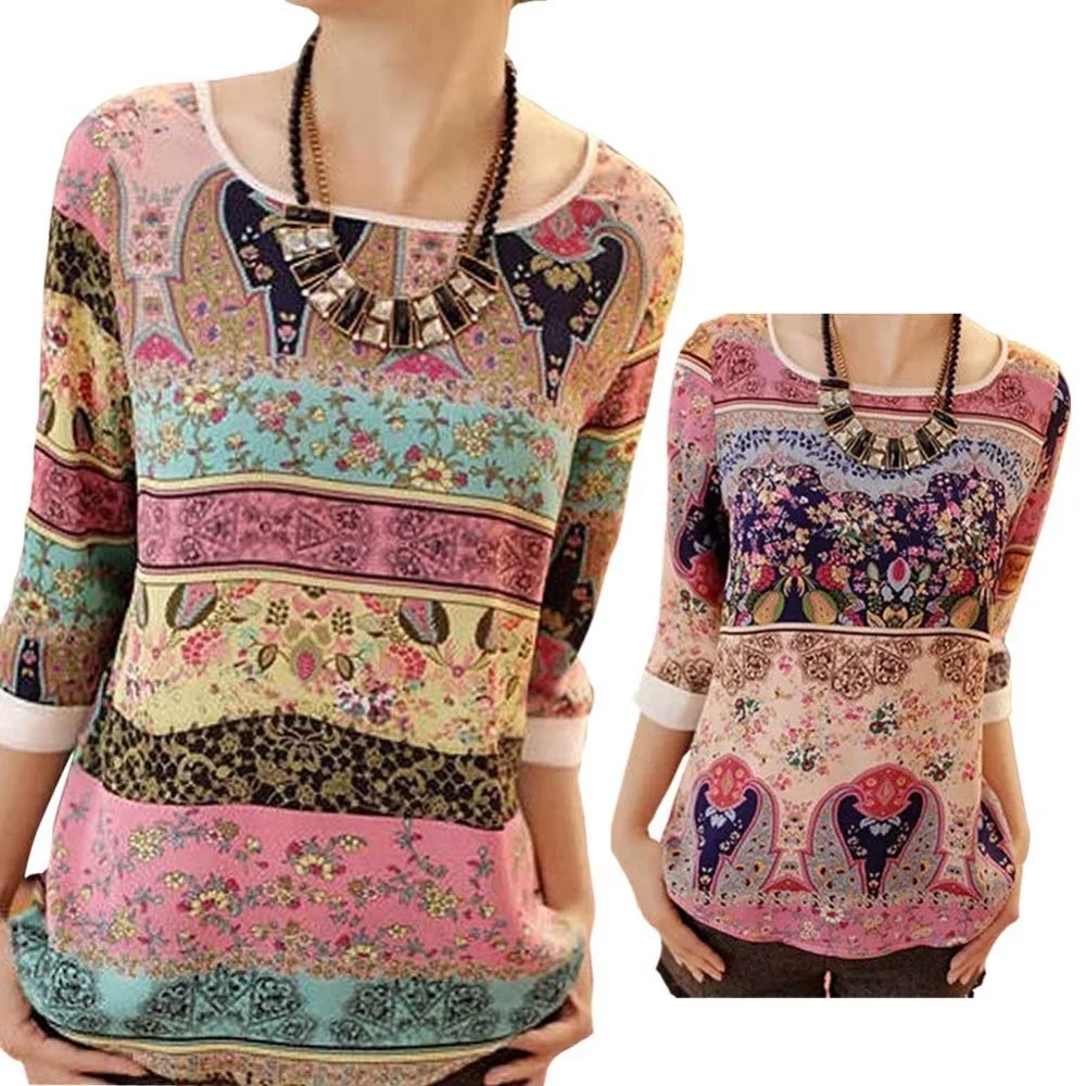

Retro Style Women Blouses 2017 New Printing Three Quarter Sleeves O-neck Loose Tops Summer Casual For Women Ladies Blouse blusas